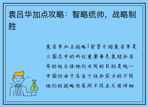 袁吕华加点攻略：智略统帅，战略制胜