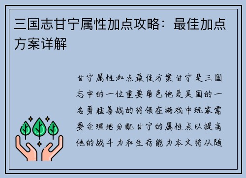 三国志甘宁属性加点攻略：最佳加点方案详解